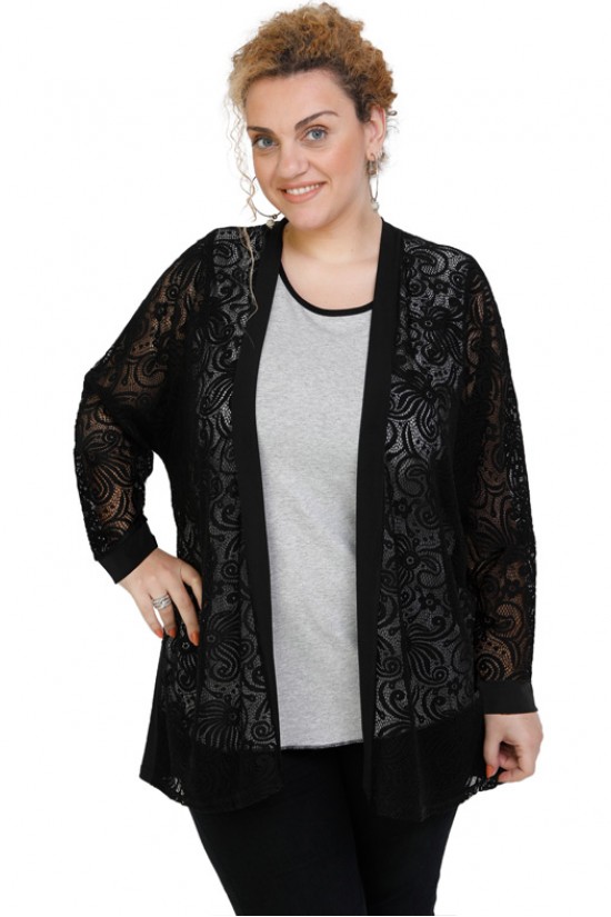 B19-139 Ζακέτα ίσια κλασική με δαντέλα - Μαύρο B19-139 Ζακέτα ίσια κλασική με δαντέλα - Μαύρο