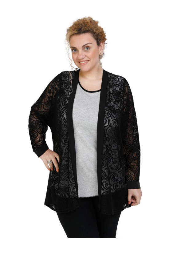 B19-139 Ζακέτα ίσια κλασική με δαντέλα - Μαύρο B19-139 Ζακέτα ίσια κλασική με δαντέλα - Μαύρο