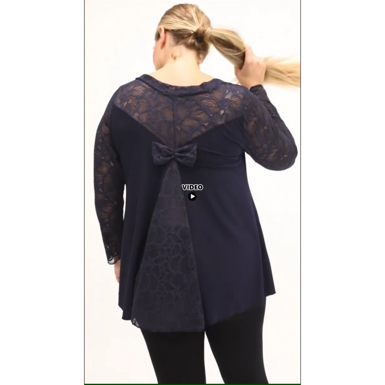 B22-189D Blouse with lace and bow on the back - Navy Blue