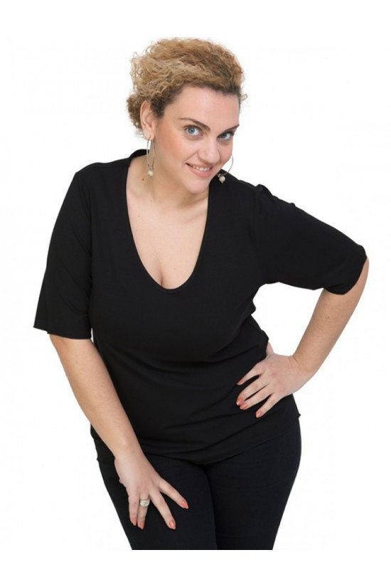 A20-208V Μπλούζα ίσια μονόχρωμη - Μαύρο