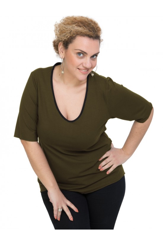 A20-208V Μπλούζα ίσια μονόχρωμη - Σκούρο χακί