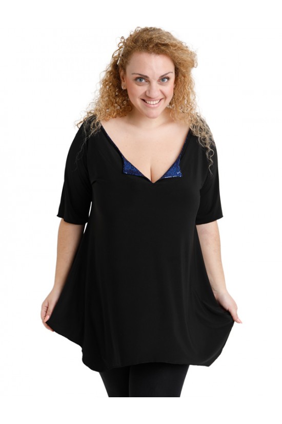 A20-2285 Μπλούζα άλφα, ρεγκλάν με παγιέτα στα πέτα - Μπλε Ρουά