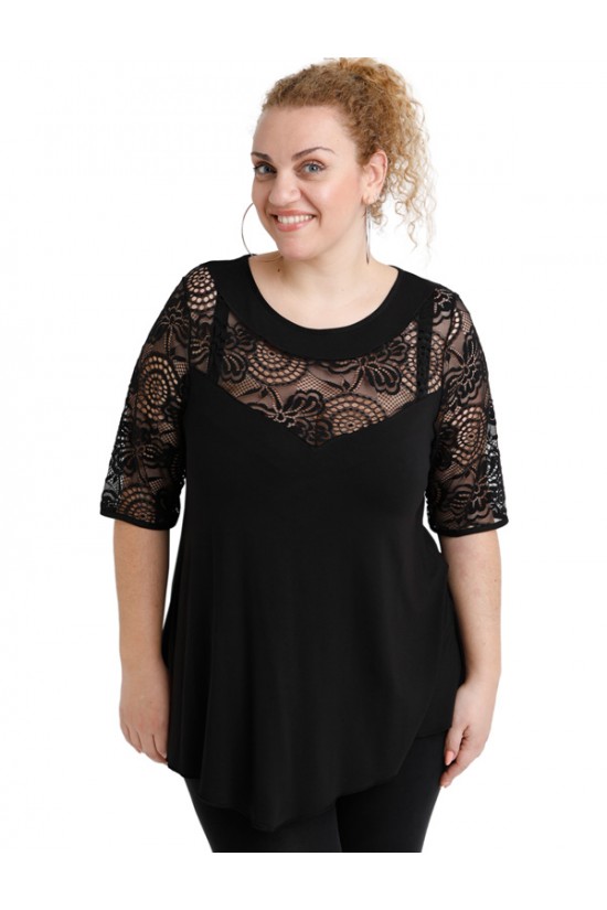 A20-247D Μπλούζα άλφα κομποζέ με δαντέλα - Μαύρο