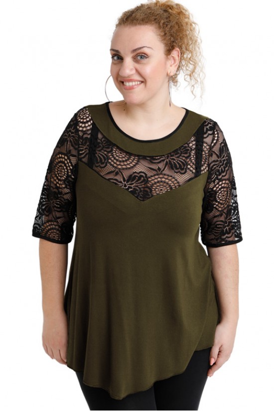 A20-247D Μπλούζα άλφα κομποζέ με δαντέλα - Χακί