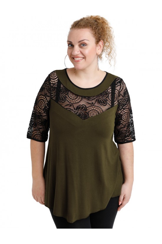 A20-247D Μπλούζα άλφα κομποζέ με δαντέλα - Χακί