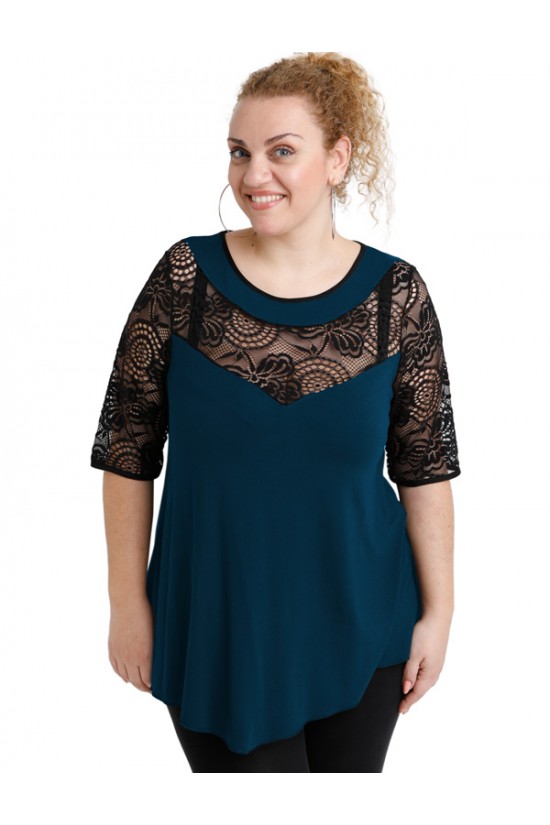 A20-247D Μπλούζα άλφα κομποζέ με δαντέλα - Πετρόλ