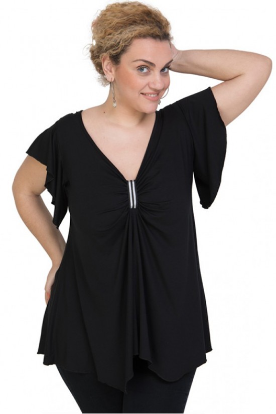A20-255 Μπλούζα άλφα με δέσιμο στο στήθος - Μαύρο