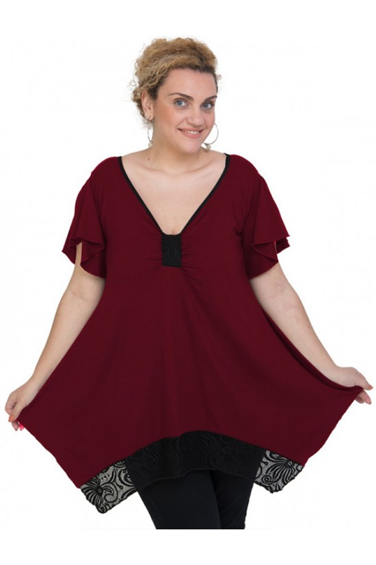 A20-255D Μπλούζα άλφα με δέσιμο στο στήθος και δαντέλα - Μπορντώ