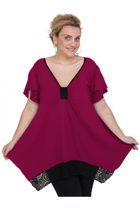 A20-255D Μπλούζα άλφα με δέσιμο στο στήθος και δαντέλα - Φούξια