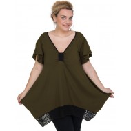 A20-255D Μπλούζα άλφα με δέσιμο στο στήθος και δαντέλα - Χακί Σκούρο