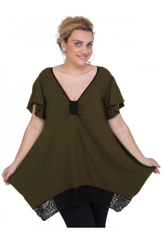 A20-255D Μπλούζα άλφα με δέσιμο στο στήθος και δαντέλα - Χακί Σκούρο