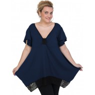 A20-255D Μπλούζα άλφα με δέσιμο στο στήθος και δαντέλα - Μπλε Μαρέν