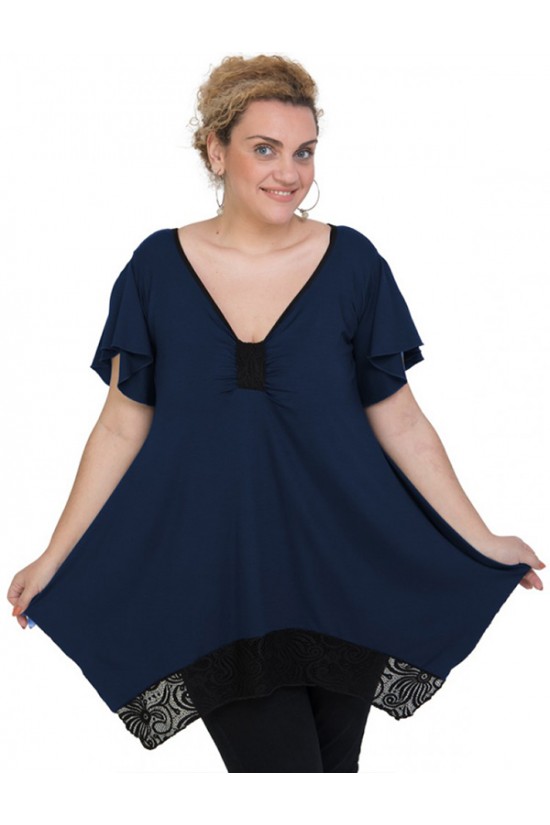 A20-255D Μπλούζα άλφα με δέσιμο στο στήθος και δαντέλα - Μπλε Μαρέν