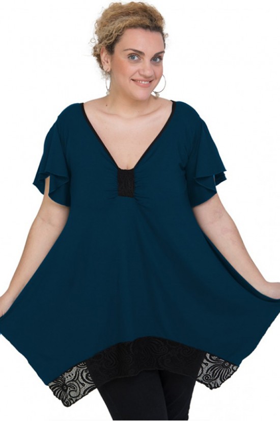 A20-255D Μπλούζα άλφα με δέσιμο στο στήθος και δαντέλα - Πετρόλ