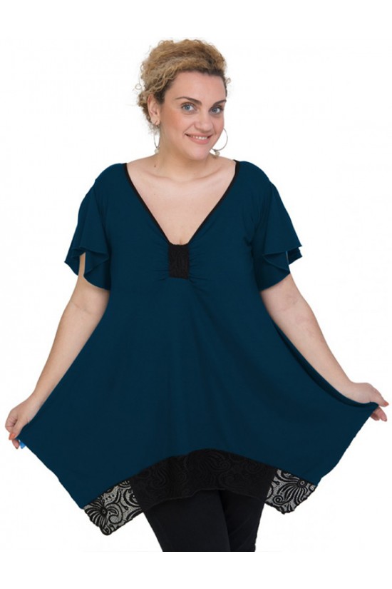 A20-255D Μπλούζα άλφα με δέσιμο στο στήθος και δαντέλα - Πετρόλ