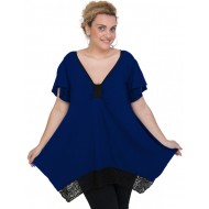 A20-255D Μπλούζα άλφα με δέσιμο στο στήθος και δαντέλα - Μπλε Ρουά