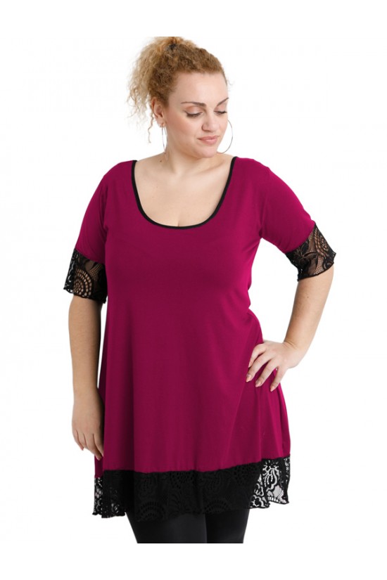 A20-276D Μπλουζοφόρεμα εβαζέ με δαντέλα - Φούξια