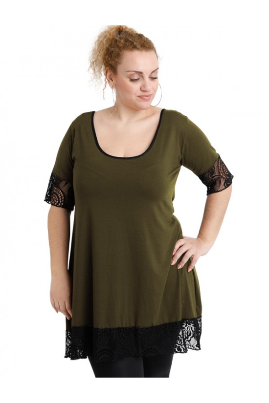 A20-276D Μπλουζοφόρεμα εβαζέ με δαντέλα - Χακί