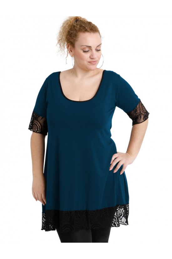 A20-276D Μπλουζοφόρεμα εβαζέ με δαντέλα - Πετρόλ