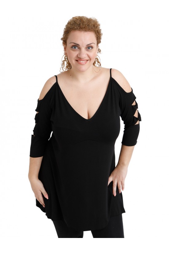 A20-281 Μπλούζα εβαζέ με laser μανίκια - Μαύρο A20-281 Μπλούζα εβαζέ με laser μανίκια - Μαύρο