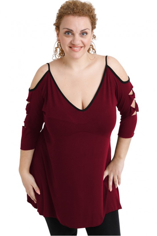 A20-281 Μπλούζα εβαζέ με laser μανίκια - Μπορντώ
