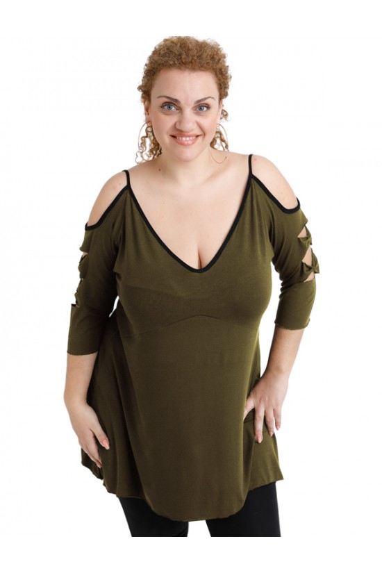 A20-281 Μπλούζα εβαζέ με laser μανίκια - Χακί