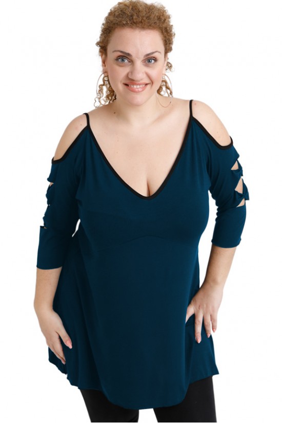 A20-281 Μπλούζα εβαζέ με laser μανίκια - Πετρόλ