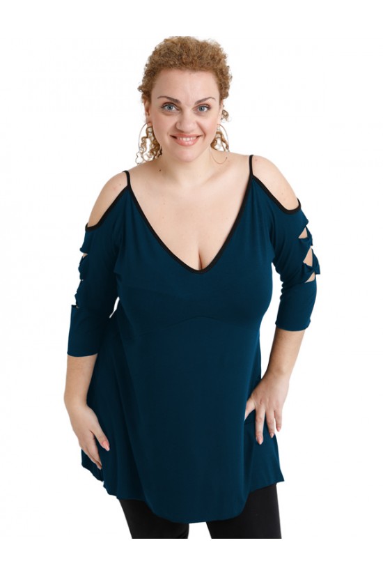 A20-281 Μπλούζα εβαζέ με laser μανίκια - Πετρόλ