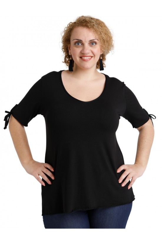 A20-287 Μπλούζα ίσια με σκίσιμο πίσω - Μαύρο A20-287 Μπλούζα ίσια με σκίσιμο πίσω - Μαύρο
