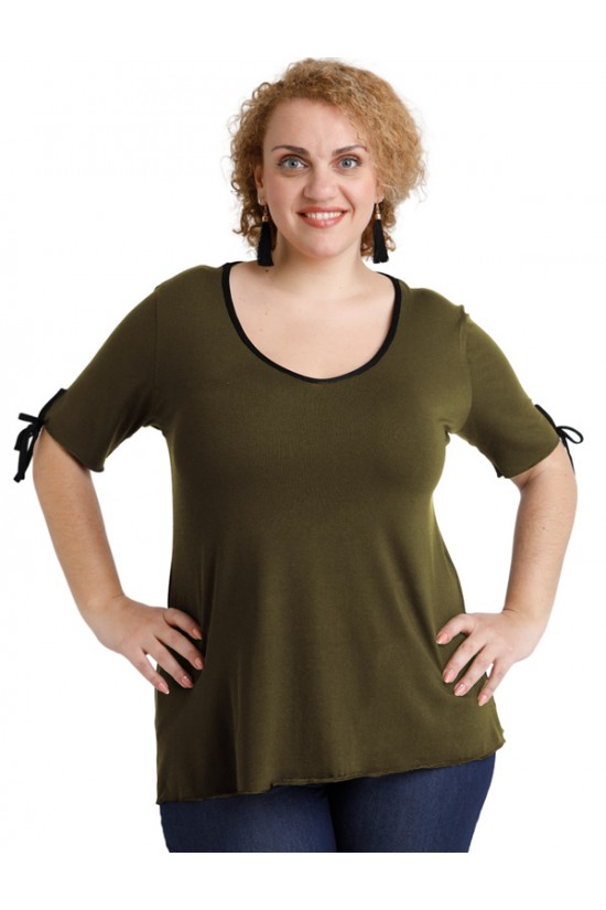 A20-287 Μπλούζα ίσια με σκίσιμο πίσω - Χακί A20-287 Μπλούζα ίσια με σκίσιμο πίσω - Χακί