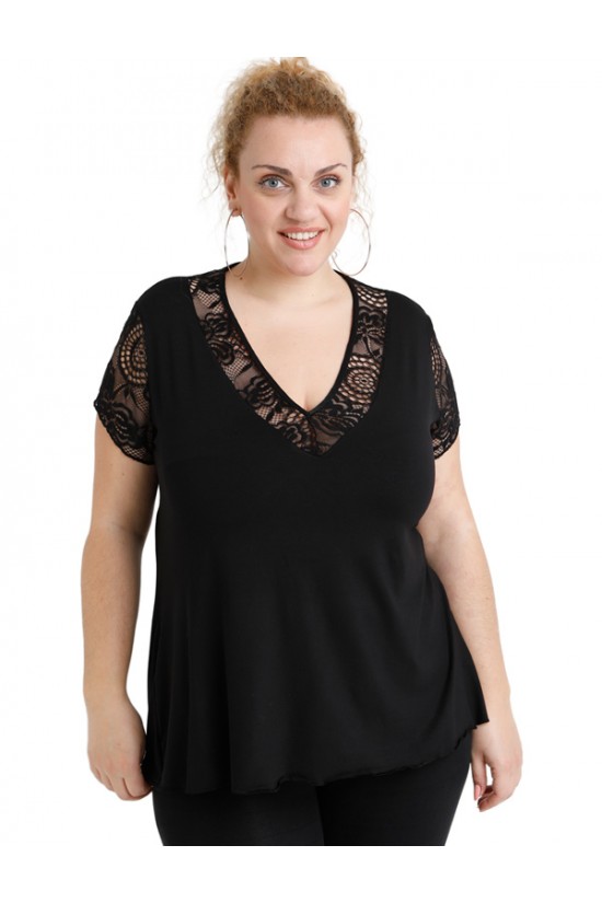 A20-288D Μπλούζα εβαζέ με δαντέλα - Μαύρο