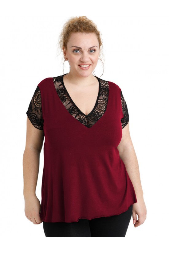A20-288D Μπλούζα εβαζέ με δαντέλα - Μπορντώ