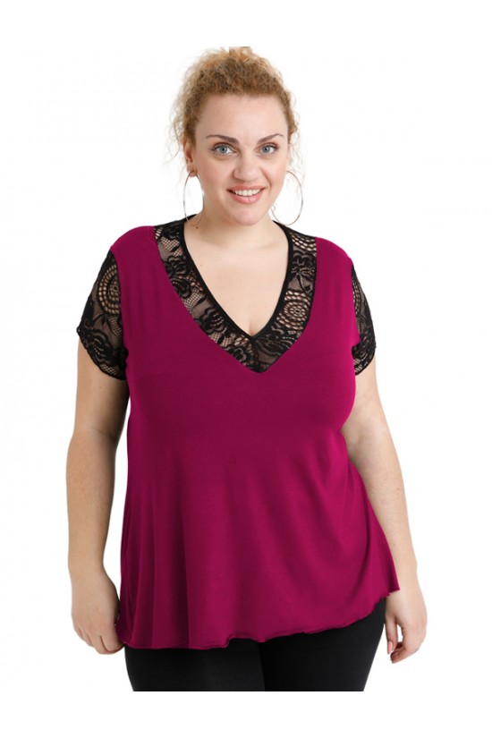 A20-288D Μπλούζα εβαζέ με δαντέλα - Φούξια