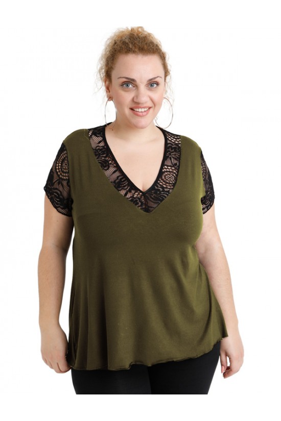 A20-288D Μπλούζα εβαζέ με δαντέλα - Χακί