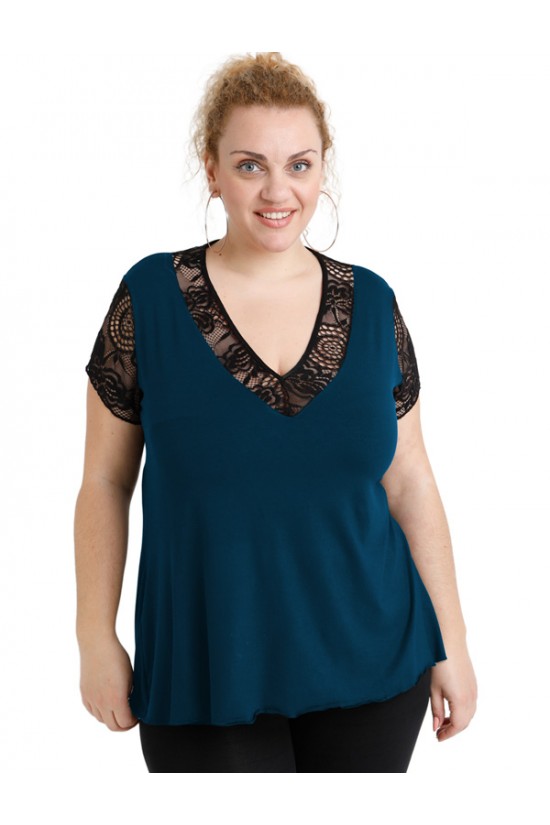 A20-288D Μπλούζα εβαζέ με δαντέλα - Πετρόλ