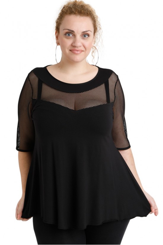 A20-5547 Μπλούζα ίσια κομποζέ με δίχτυ - Μαύρο