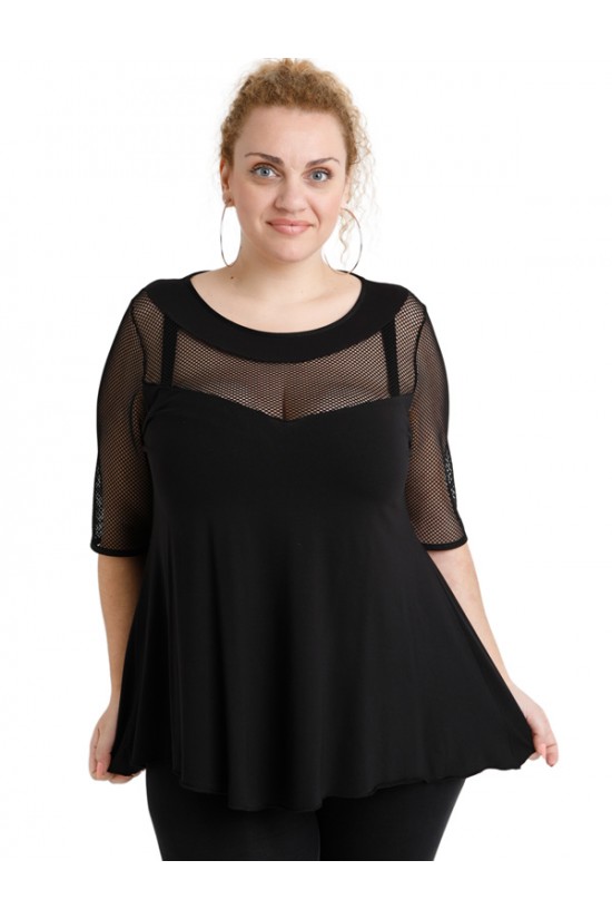 A20-5547 Μπλούζα ίσια κομποζέ με δίχτυ - Μαύρο