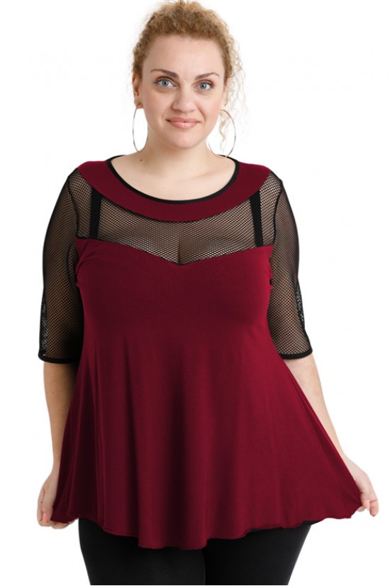 A20-5547 Μπλούζα ίσια κομποζέ με δίχτυ - Μπορντώ