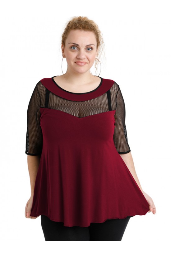 A20-5547 Μπλούζα ίσια κομποζέ με δίχτυ - Μπορντώ
