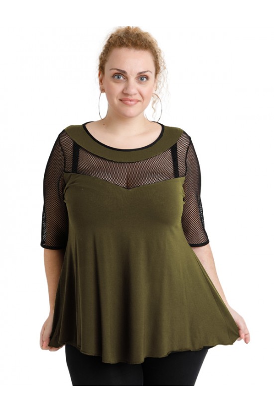 A20-5547 Μπλούζα ίσια κομποζέ με δίχτυ - Χακί