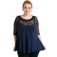 A20-5547 Μπλούζα ίσια κομποζέ με δίχτυ - Μπλε Μαρέν