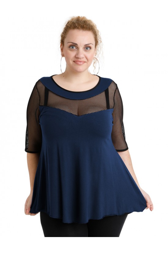 A20-5547 Μπλούζα ίσια κομποζέ με δίχτυ - Μπλε Μαρέν
