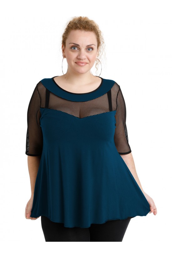 A20-5547 Μπλούζα ίσια κομποζέ με δίχτυ - Πετρόλ