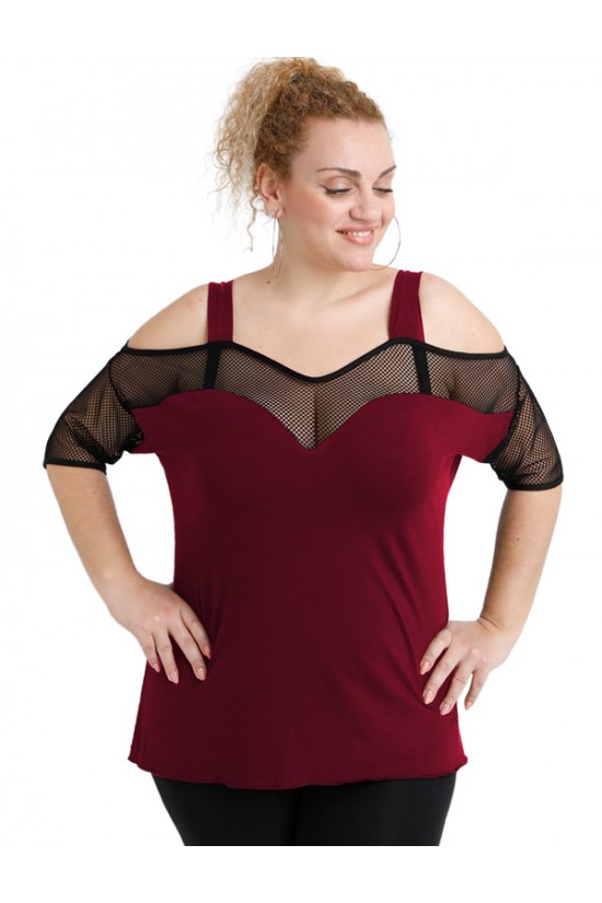 A20-5548 Μπλούζα ρεγκλάν κομποζέ με δίχτυ - Μπορντώ