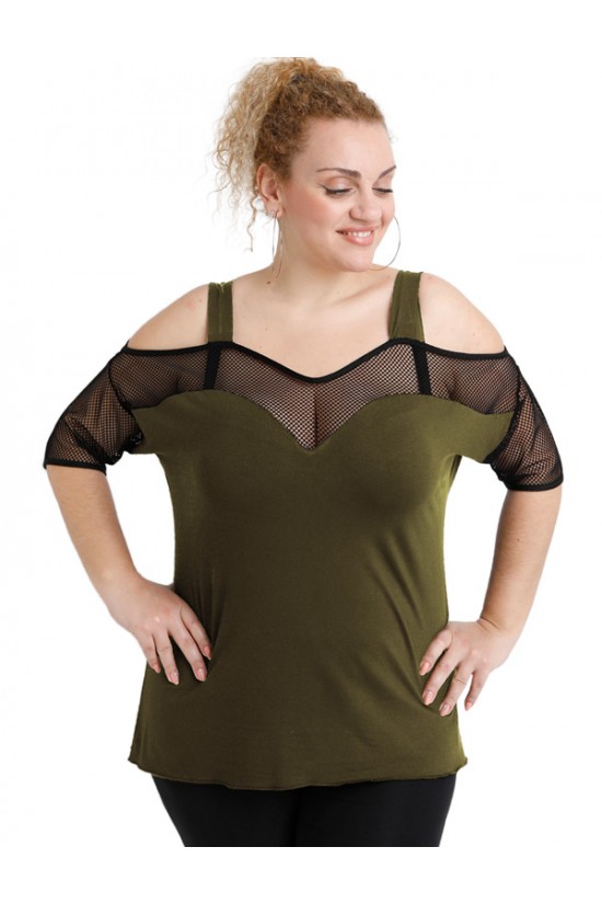 A20-5548 Μπλούζα ρεγκλάν κομποζέ με δίχτυ - Χακί
