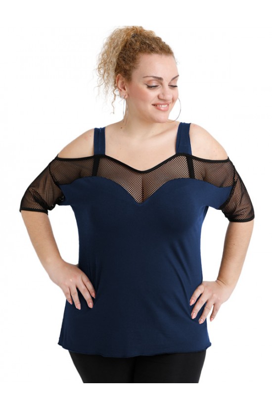 A20-5548 Μπλούζα ρεγκλάν κομποζέ με δίχτυ - Μπλε Μαρέν