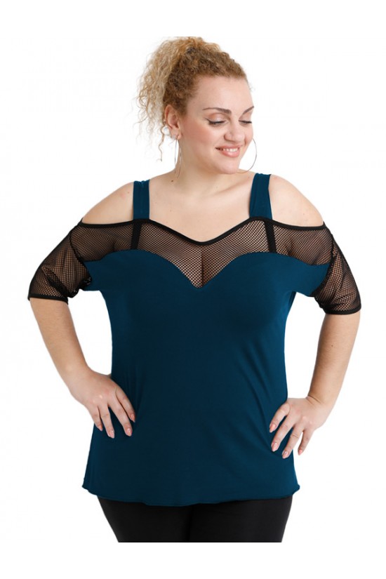 A20-5548 Μπλούζα ρεγκλάν κομποζέ με δίχτυ - Πετρόλ