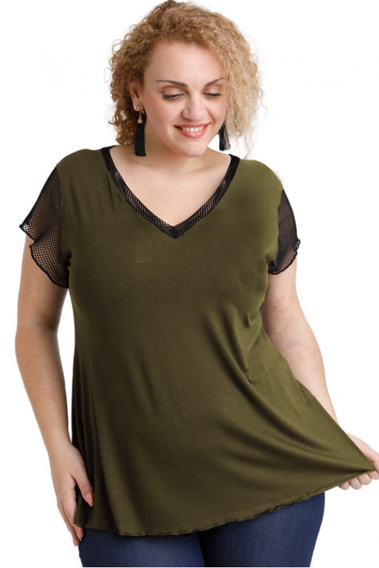 A20-5589 Μπλούζα εβαζέ με δίχτυ πίσω - Χακί