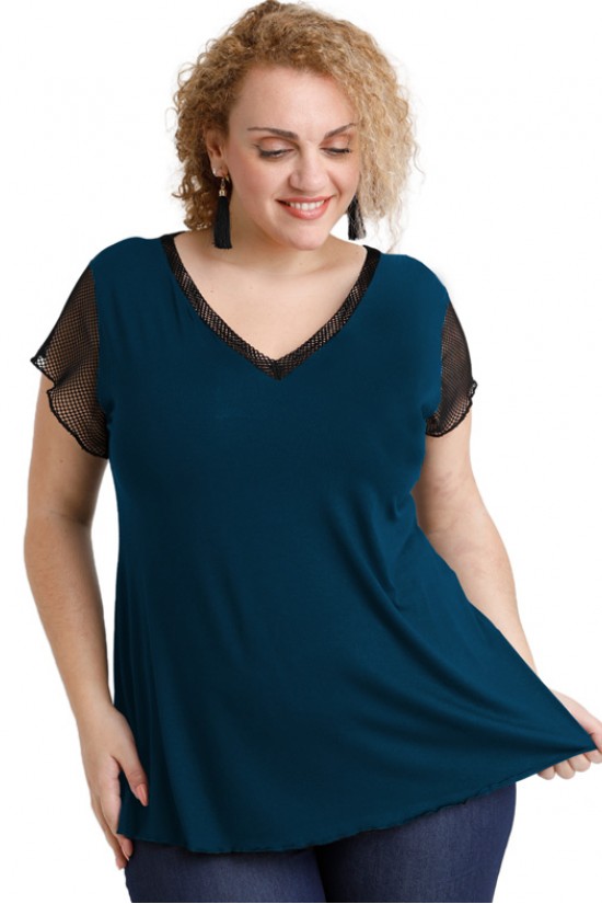 A20-5589 Μπλούζα εβαζέ με δίχτυ πίσω - Πετρόλ