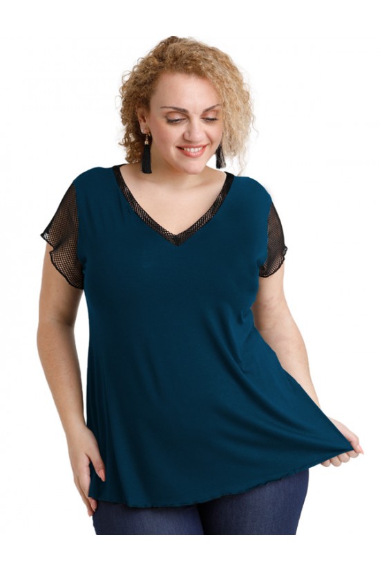 A20-5589 Μπλούζα εβαζέ με δίχτυ πίσω - Πετρόλ